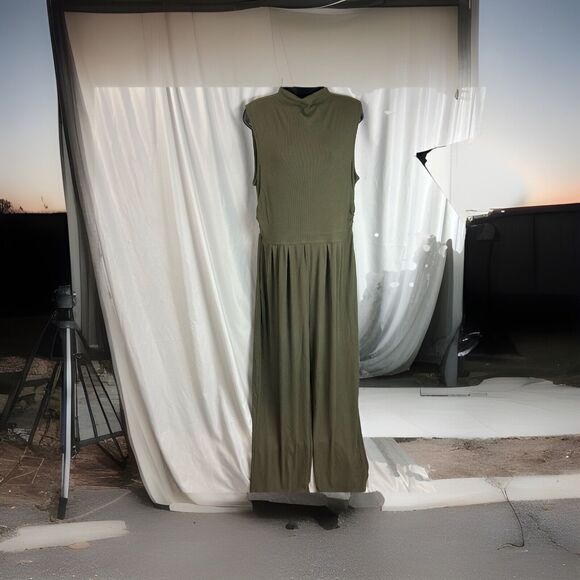 Pretty Garden Womens Olive Green Stretch Ribbed Mock Neck Jumpsuit Wide Leg XL - Picture 3 of 12
